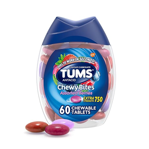 TUMS CHEWY BITES ANTACID TABLETS FOR CHEWABLE HEARTBURN RELIEF AND ACID INDIGESTION RELIEF, ASSORTED BERRIES – 60 COUNT