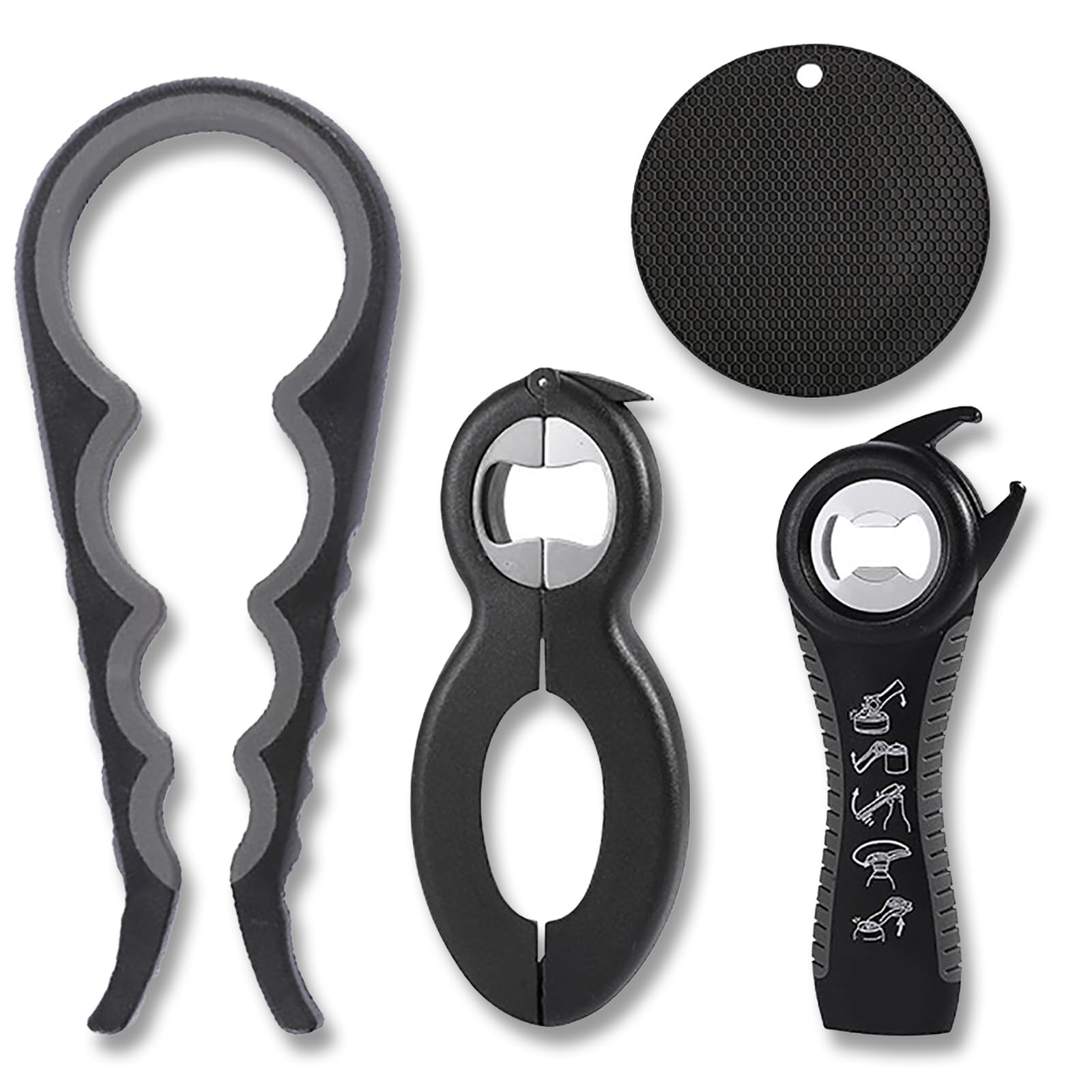 YUDANSI 4Pack Tin and Bottle Opener Set for Arthritis, Weak Hands - Beer, Soda, Jar Opener With Non-Slip Handle and Silicone Lid Gripper Pad - Kitchen Gadget