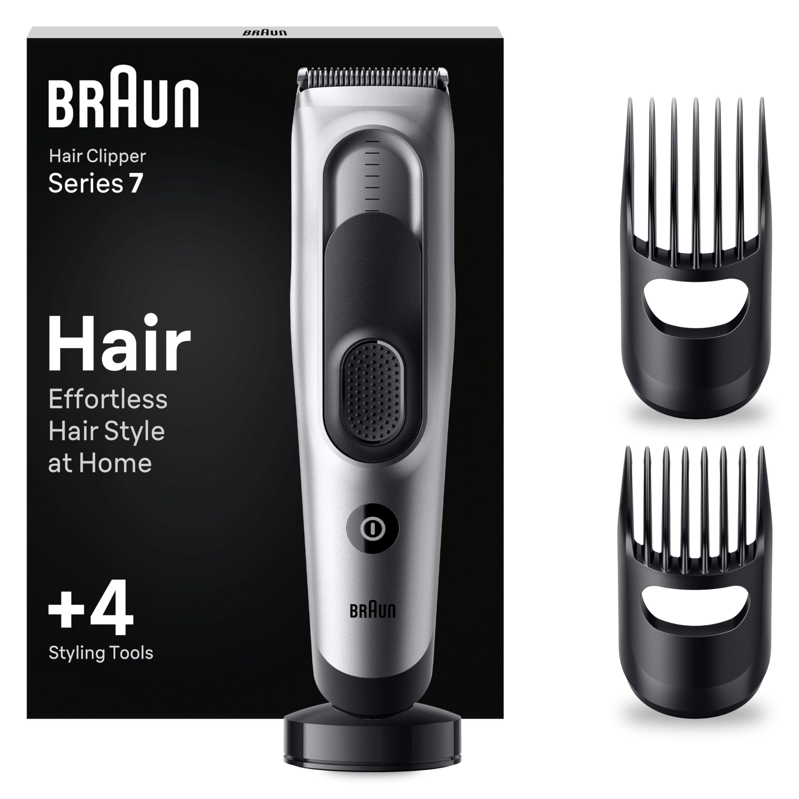 Braun Hair Clipper Series 7, Featuring Lifetime-Sharp Blades, Men's Hair Clipper with 17 Length Settings, with 4 Styling Tools, 50-min runtime, Gifts for Men, HC7390, Silver