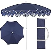 JONATHAN Y UMB1005T Mariner 6.5 ft. Classic Cottage Fringe Tassel Market Beach Umbrella with Push Button Tilt, Wind Vent and UV Protection, and Matching Carry Bag in Navy/Blue, White Pole