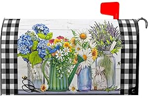 ANYAKO Spring Daisies Colorful Flowers Mason Jar Mailbox Covers Magnetic Standard Size 18" X 21",Black White Buffalo Check Plaid Mailbox Wraps Post Letter Box Spring Cover for Holiday Garden Yard Decor