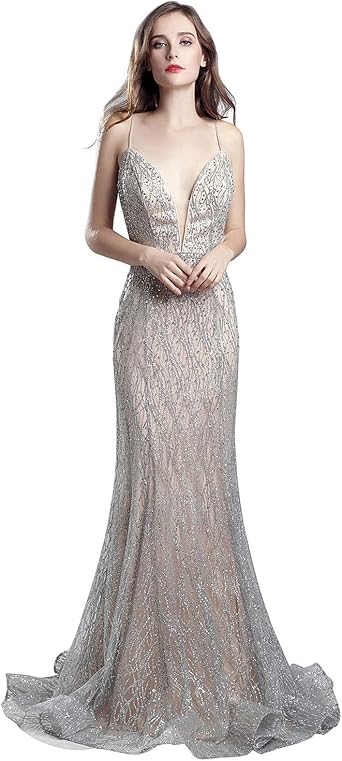 silver backless prom dress