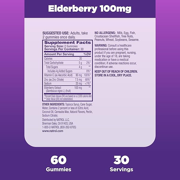 NATROL ELDERBERRY 100MG GUMMIES FOR IMMUNE HEALTH SUPPORT, 60 BERRY-FLAVORED GUMMIES, 30 DAY SUPPLY