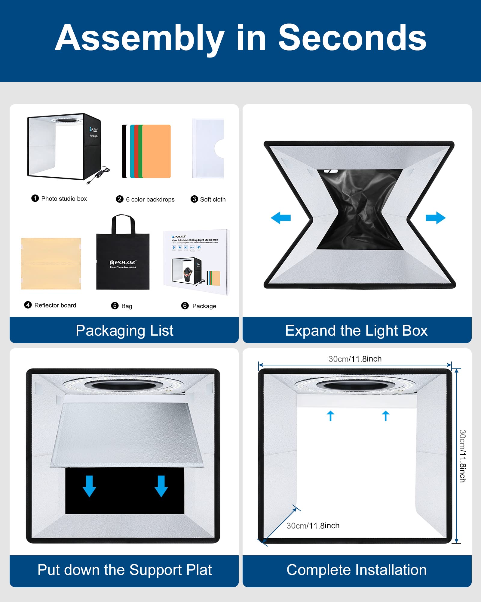 PULUZ 12''×12'' Portable Photography Light Box,Dimmable Photo Studio Light Box with 112 High CRI LED Lights & 6 PVC Backdrops & 3 Reflection Boards for Small Items Product Photography