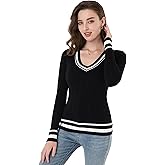 AmélieBoutik Women Casual V Neck Long Sleeve Preppy Sweater Trendy Striped Cable Knit Blouse Tops