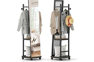 Tangkula Full Length Mirror with Coat Rack, Swivel 55" Standing Floor Mirror on Wheels with Shelves, Hanging Rods & Hooks for