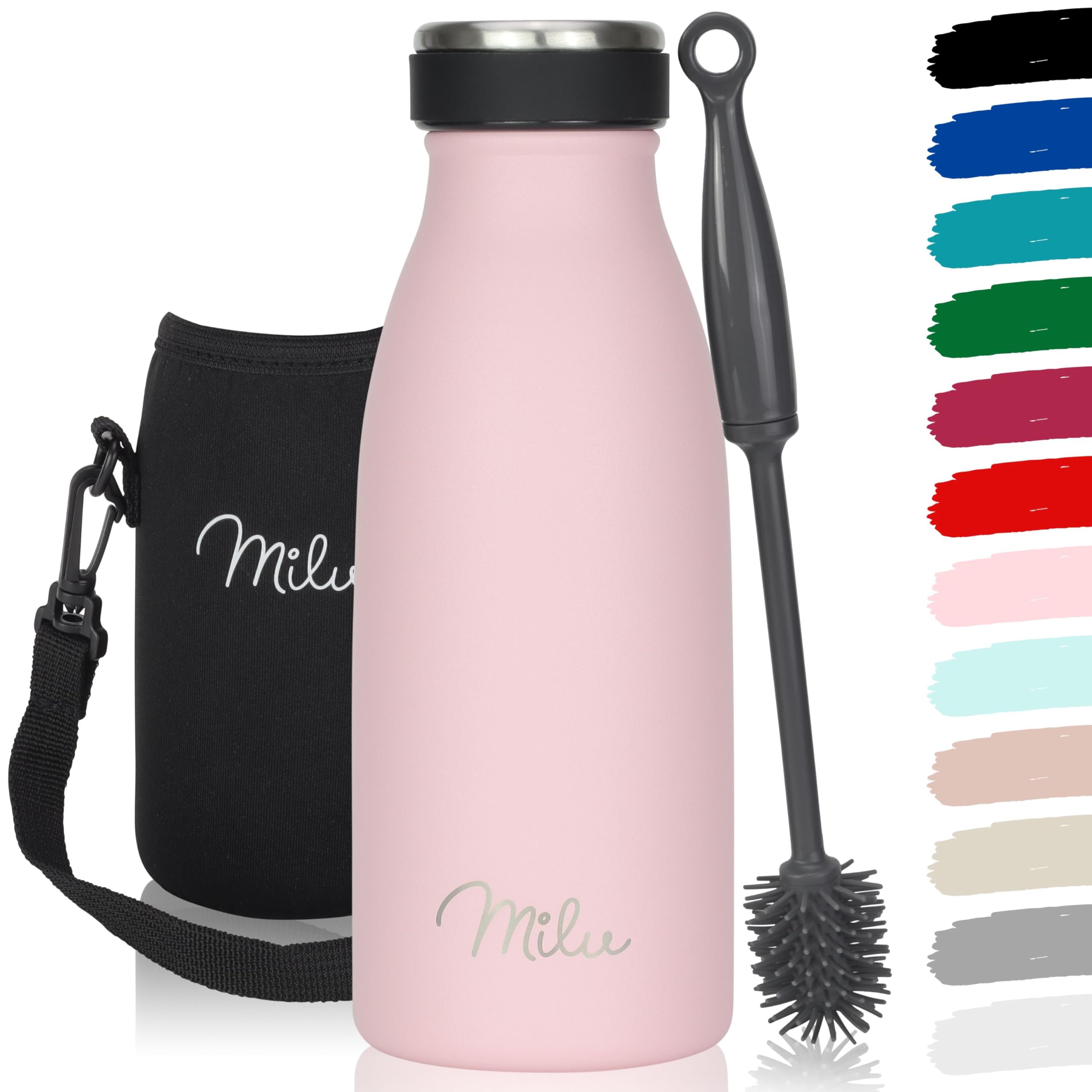 Milu Stainless Steel Drinking Bottle 350 ml - Insulated Thermo Flask for Water - Leak Proof, Insulated and Double Walled, Carbonated (Pink, 350ml)