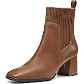 Coutgo Women's Slip On Ankle Boots Chunky Block Heel Square Toe Splicing Dress Sock Booties