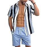 LecGee Men's Hawaiian Shirt Set Tropical Print Striped Button Down Hawaiian Shirt and Shorts 2 Piece Outfits