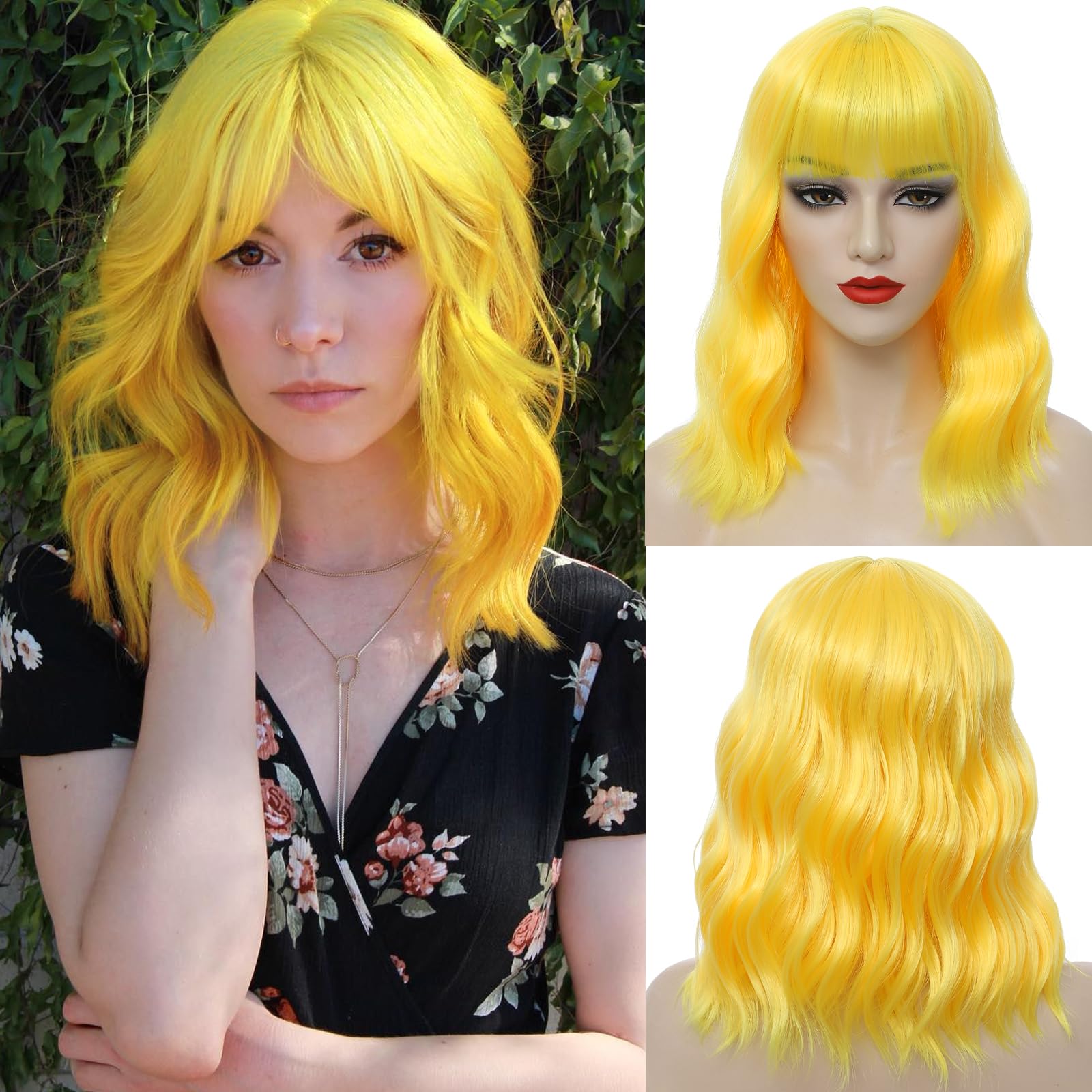 Photo 1 of Yellow Wig with Bangs Short Bob Wavy Wig for Women Shoulder Length Loose Wavy Synthetic Colorful Bob Wigs for Girl Costume Cosplay Wig