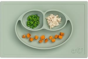 ezpz Happy Mat - 24 Months+ (Sage) - 100% Silicone Suction Plate with Built-in Placemat for Toddlers + Preschoolers - Divided Toddler Plates - Toddler Essentials