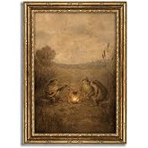 Vintage Gold Framed Frog Wall Art, Campfire Frogs Playing Mandolin, Retro Whimsical Toad Animal Country painting Wall Decor, Artwork Prints for Corridor Living Room Bedroom-9x11in