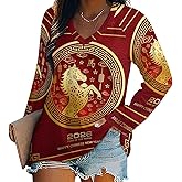 Year of The Horse Women's Long Sleeve Shirt Tops Loose V-Neck Tees Beach Blouses Pullover T-Shirt Outfits