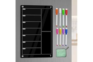 YNGRUE Acrylic Meal Planner Magnetic Menu Board for Kitchen Fridge,Magnetic Black Weekly Calendar Planner Board Refrigerator Dry Erase Board to Do Chore Chart,Grocery/Shopping List,12"x8"