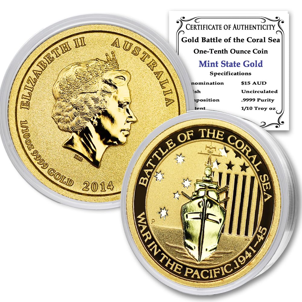 2014 P 1/10 oz Australia Gold War in the Pacific Series - Battle of the Coral Sea Coin Brilliant Uncirculated (in Capsule) with Certificate of Authenticity $15 Seller BU