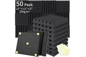 Focusound 50 Packs Acoustic Foam Panels Wedge 2" X 12" X 12", Soundproofing Foam Noise Cancelling Foam with 300 PCS Double-Side adhesive