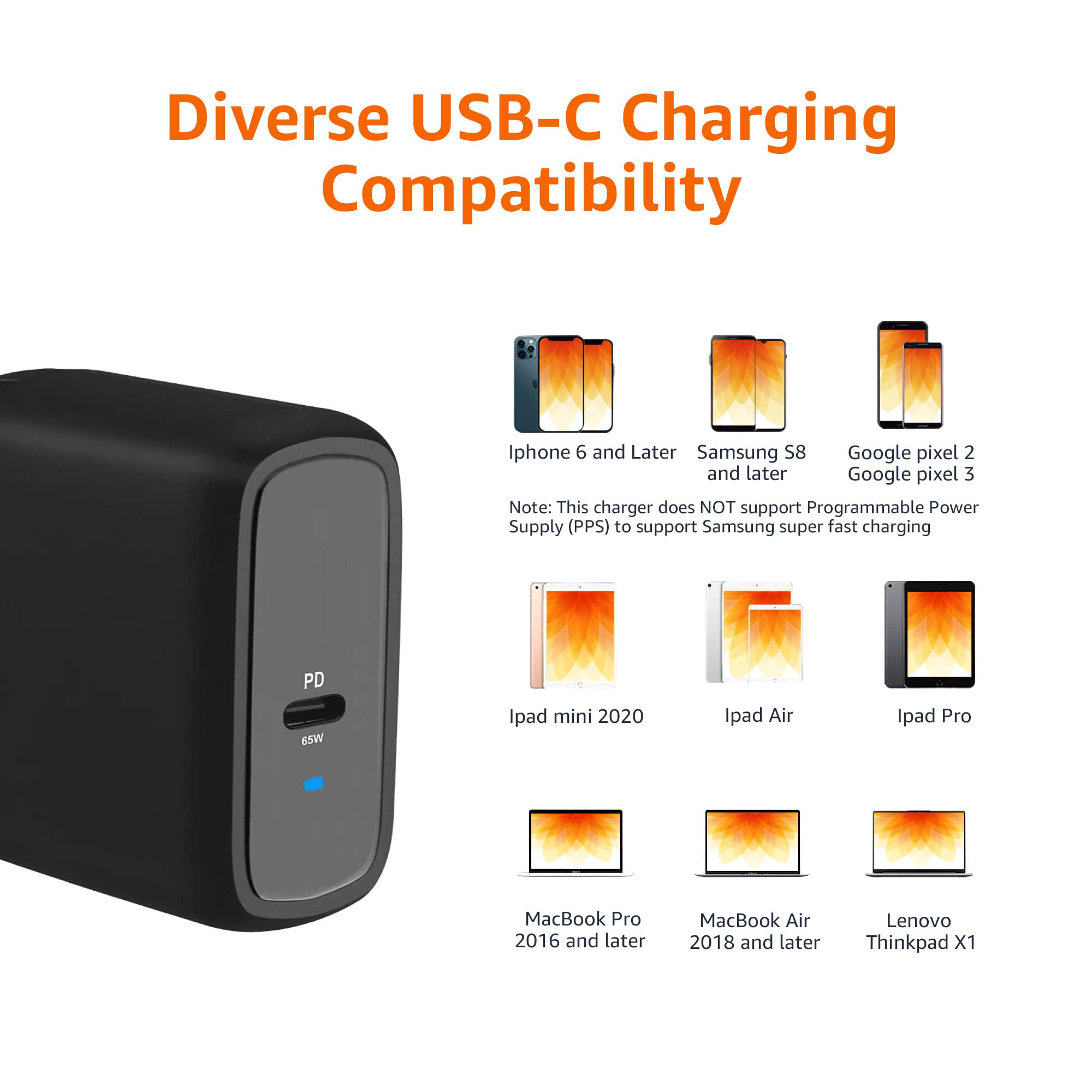 Amazon Basics 65W One-Port GaN USB-C Wall Charger with Power Delivery PD, Foldable Plug, for Laptops, Tablets & Phones, Black
