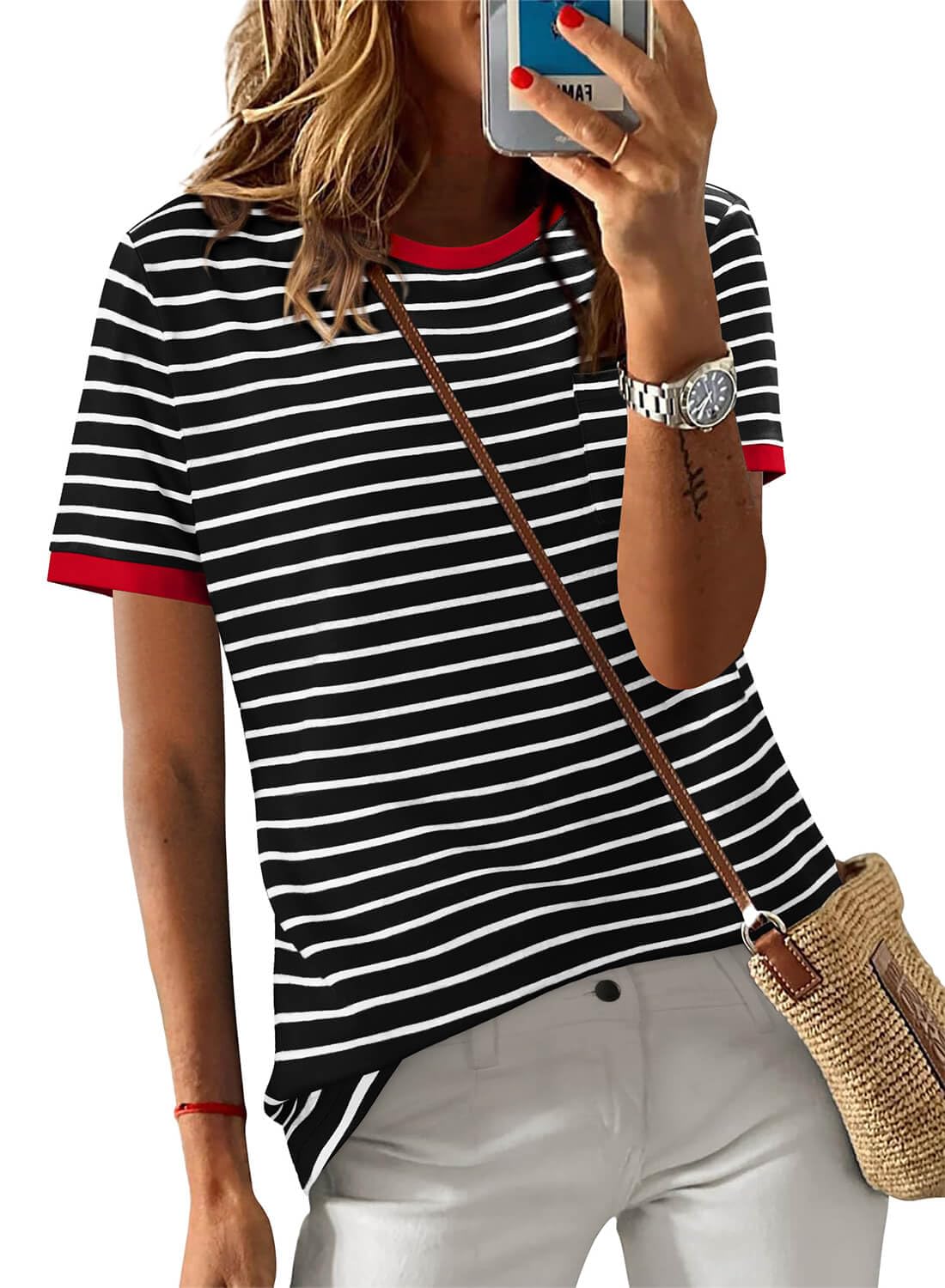 Photo 1 of (BLACK ONLY MISSING RED) ***SEE ALL PHOTOS*******STOCK PHOTO REFERENCE ONLY***ONLYSHE Women's Short Sleeve T Shirts Basic Crewneck Shirts Summer Pockets Tops Workout Striped Clothes Black Red L