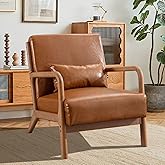 INZOY Mid Century Modern Accent Chair with Wood Frame, PU Leather Reading Armchair with Waist Cushion, Upholstered Living Roo