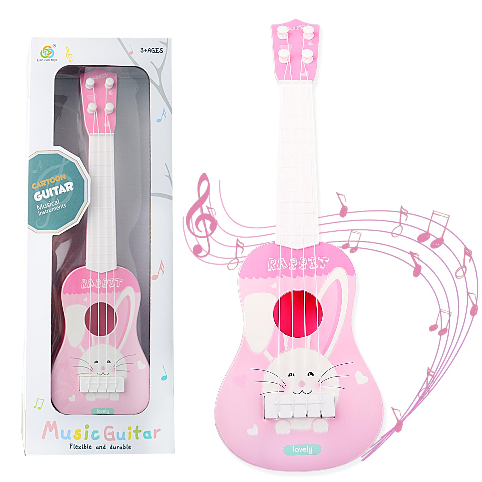 36cm Kids Ukulele Toy Guitar for Girls & Boys, Pink Rabbit Toddler Guitar with 4 Strings, Educational Musical Instrument Toy for Beginners Ages 3–7, (Pink)