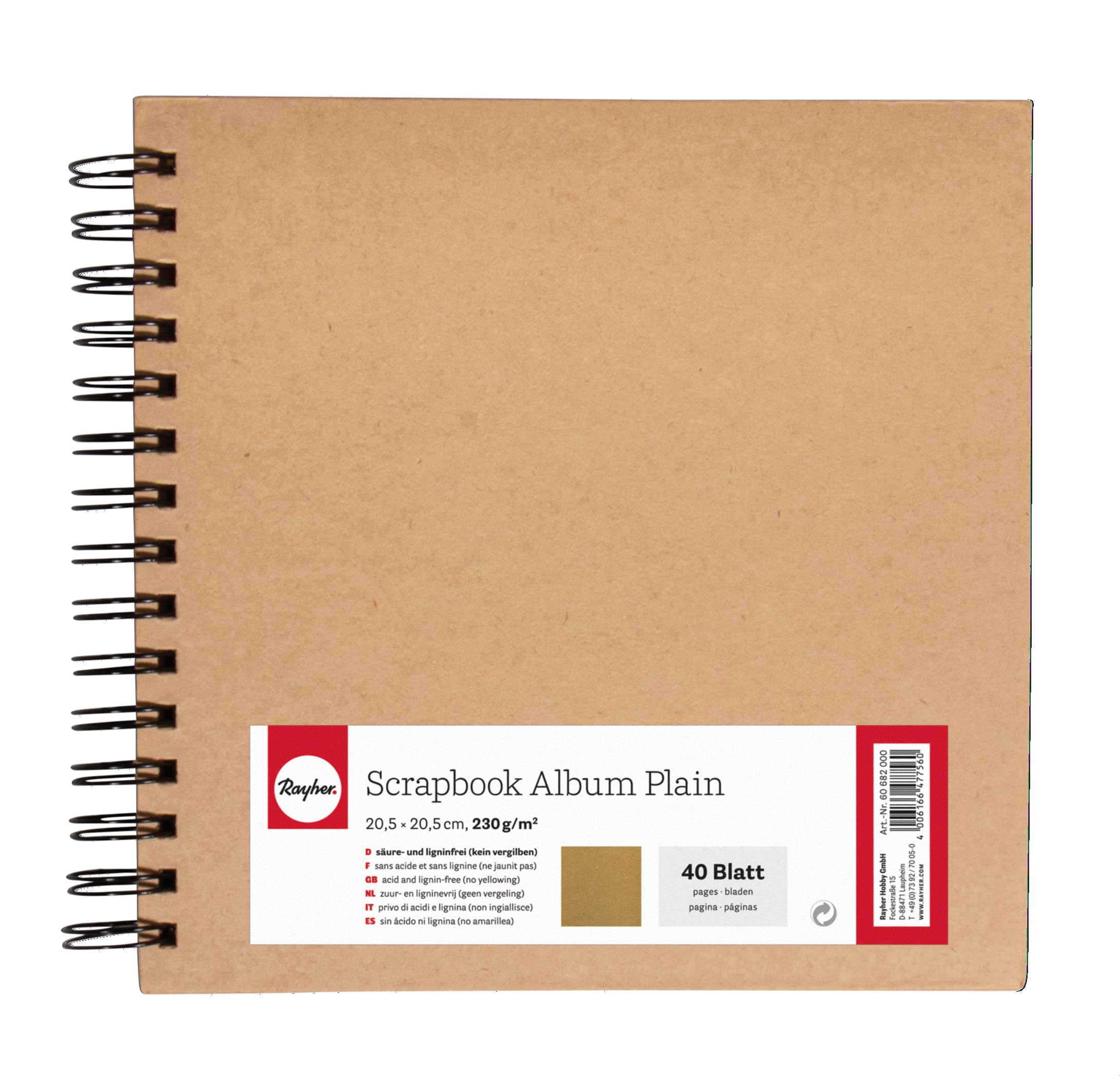 Rayher 60682000 Spiral Bound Scrapbook with Plain Kraft Paper Pages, Hardcover Memory Book, Square Album in The Size 20.3 x 20.3 cm