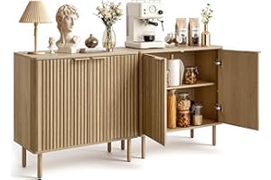 VEVOR Coffee Bar Cabinet, Mid Century Fluted Coffee Bar Table with 2-Tier Storage, Buffet Stand Cabinet with 4 Barn Doors, Si