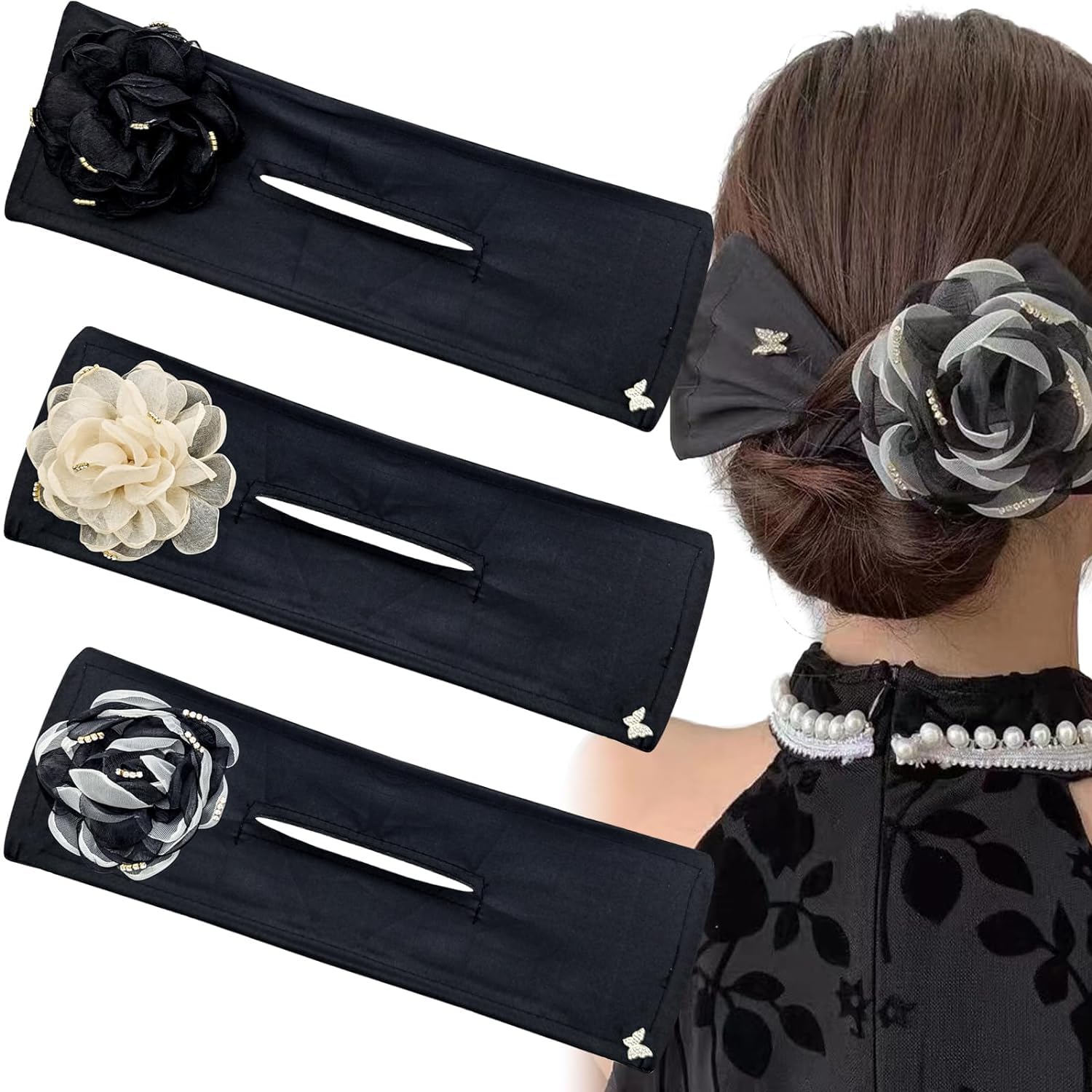 Jaczora 3 PACK Hair Bun Maker for Twister, Big Camellia Flower Flexible Donut Bun, Fashion Hair Bun Wraps Flexible Donut Quick Bun Twister Hair Accessories for Women