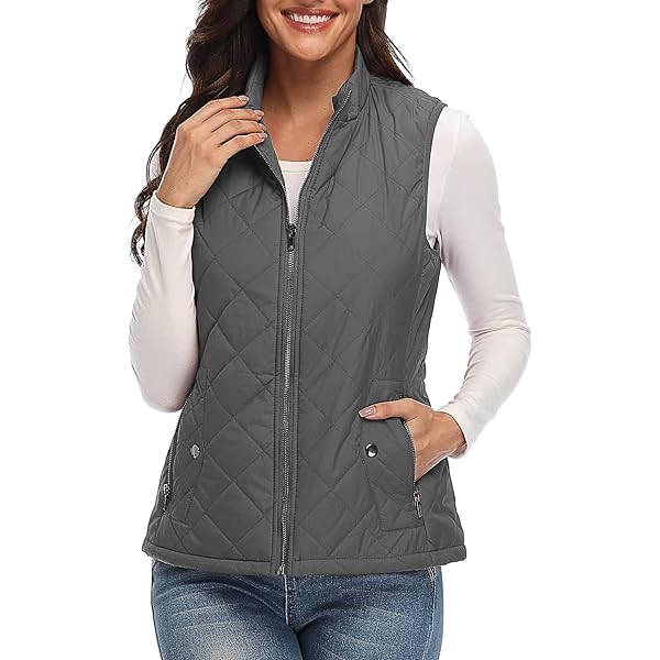 Fuinloth Women's Quilted Vest, Stand Collar Lightweight Zip Padded