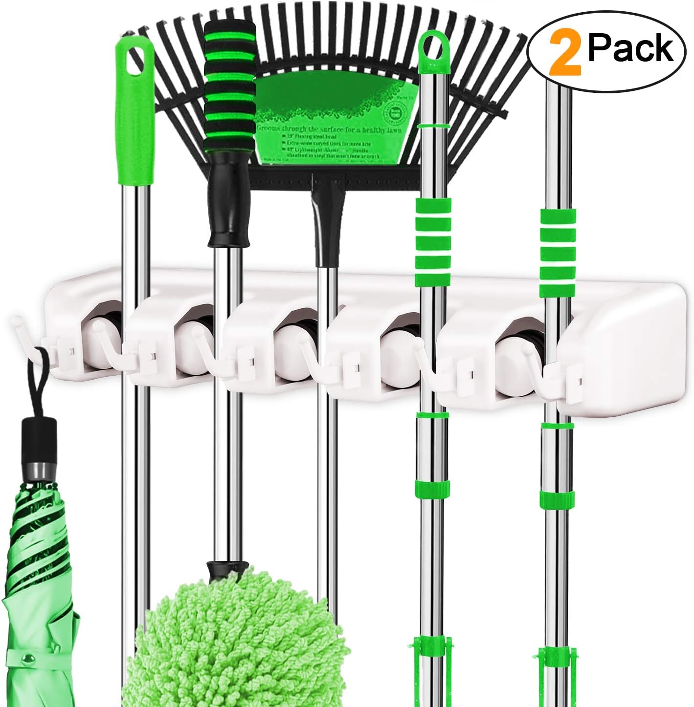 LETMY 2 Pack Broom Holder Wall Mounted - Mop and Broom Holder - Garage Storage Rack&Garden Tool Organizer - 5 Position 6 Hooks for Home, Kitchen, Garden, Tools, Garage Organizing (White)