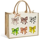 CHQIUCR Colorful bowknot canvas tote bag for baseball, football, softball and tennis. Made of high- jute canvas, Suitable for exercise, daily commuting, shopping, birthday and Mother's Day gifts.