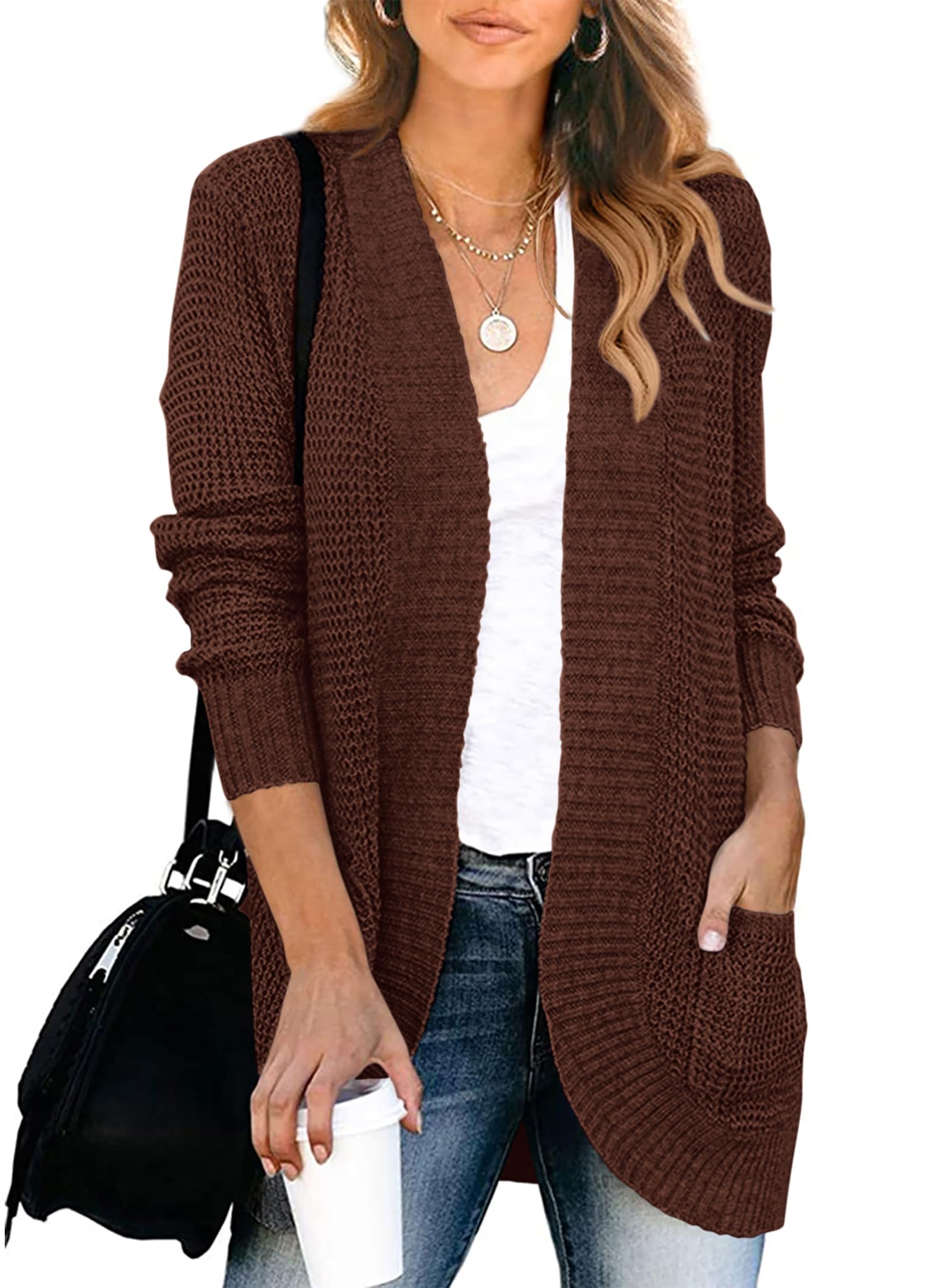 KIRUNDO Cardigan Sweaters for Women 2024 Fall Open Front Long Sleeve Loose Lightweight Knit Sweater Coat with Pockets(Dark Khaki, Large)