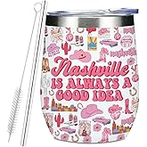 Nashville Travel Gift Wine Tumbler, 12 oz Tumbler with Lid, Straw Insulated Wine Glass Stainless Steel Travel Coffee Mug,Nashville Lover Gifts for Women Country Music Bestie Christmas Hallowaeen