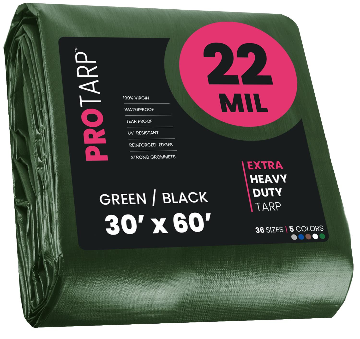PROTARP Extreme Heavy Duty 22 Mil Tarp Cover, Waterproof, UV Resistant, Rip and Tear Proof, Poly Tarpaulin with Reinforced Edges for Roof, Camping, Patio, Pool, Boat. (Green/Black 30′ X 60′) Image