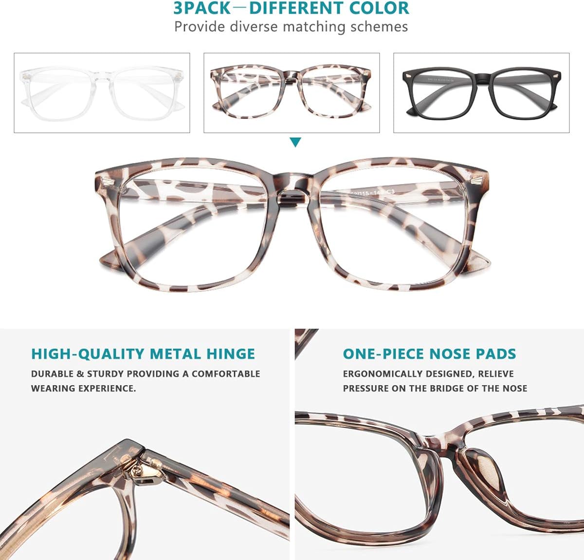 Gaoye 3-Pack Blue Light Blocking Glasses, Fashion Square Fake Nerd Eyewear Anti UV Ray Computer Gaming Eyeglasses Women/Men (Matte Black+Leopard+Transparent): Clothing