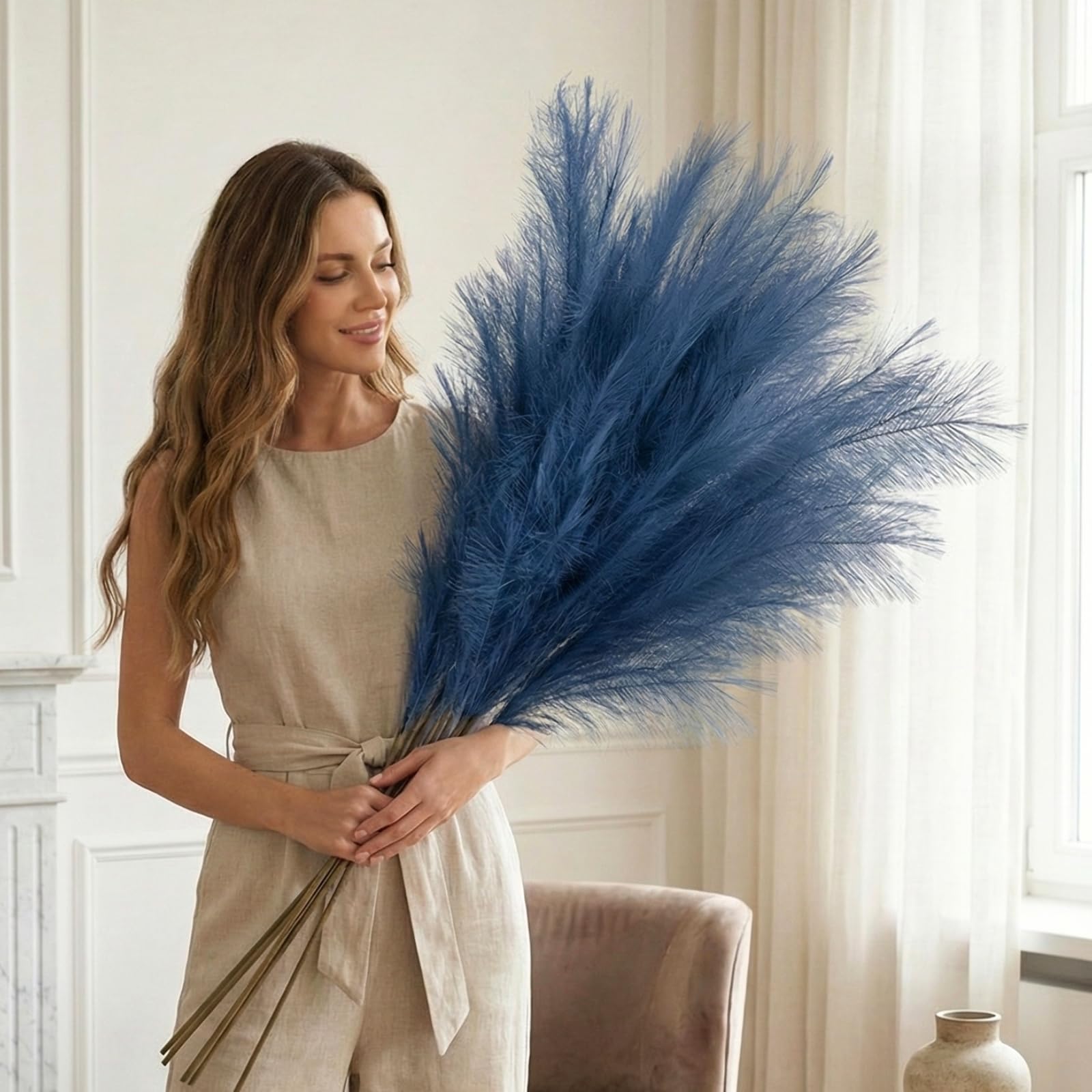 Blue Pampas Grass Large Fluffy, Tall Blue Feathers Bedroom Accessories Home Living Room, Faux Artificial Pampa Plant, Large Artificial Plants Ornaments For Tall Floor Vases 3 stems 116cm