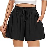 UEU Womens Linen Casual Shorts Summer Ruffle High Waisted Wide Leg Drawstring Beach Pleated Lounge Short with Pockets