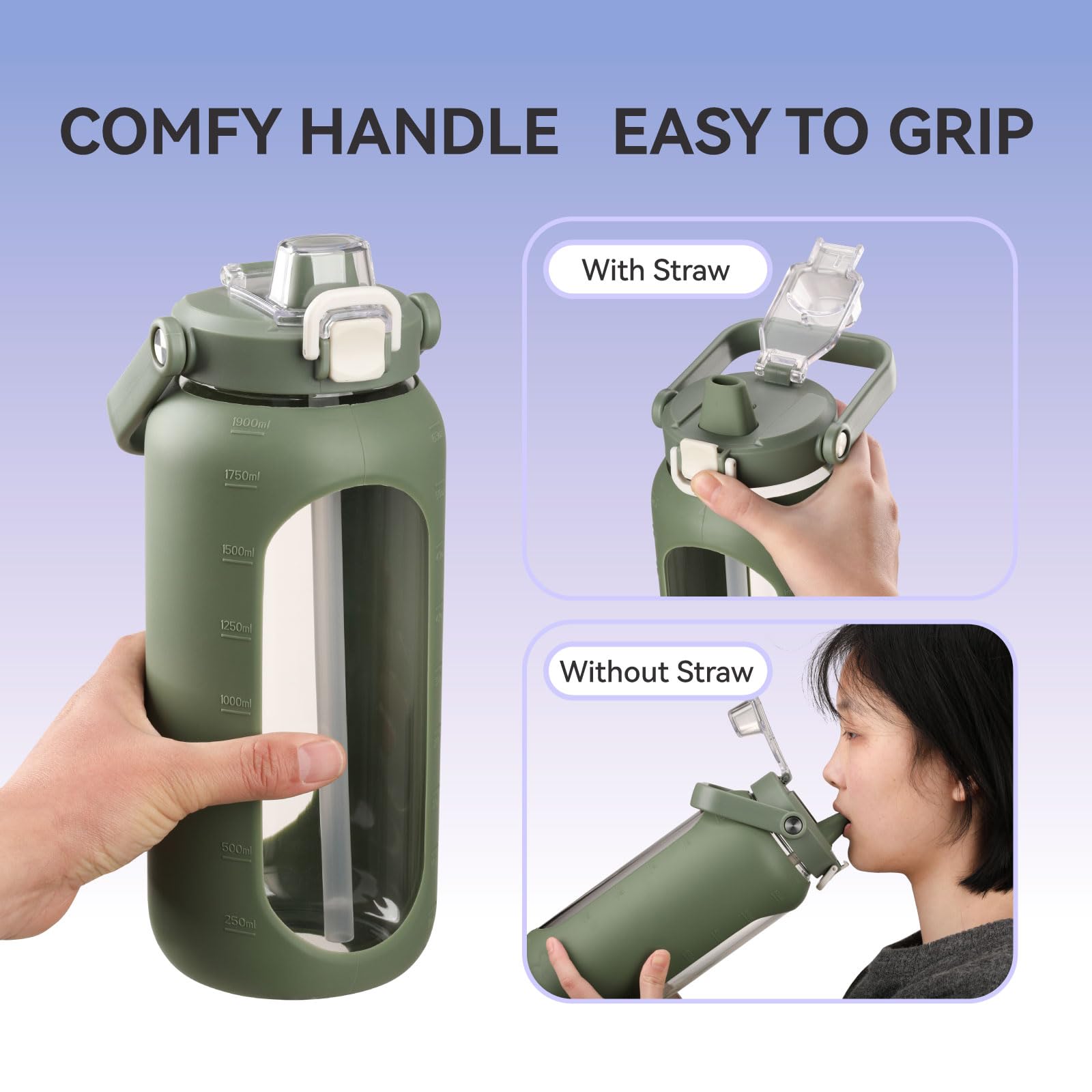 BLUEGO 2L Wasserflasche mit Strohhalm und Griff, Borosilikatglas Trinkflasche mit Silikonhülle für Sport und Reisen, Auslaufsicher, BPA-frei, Olive 2