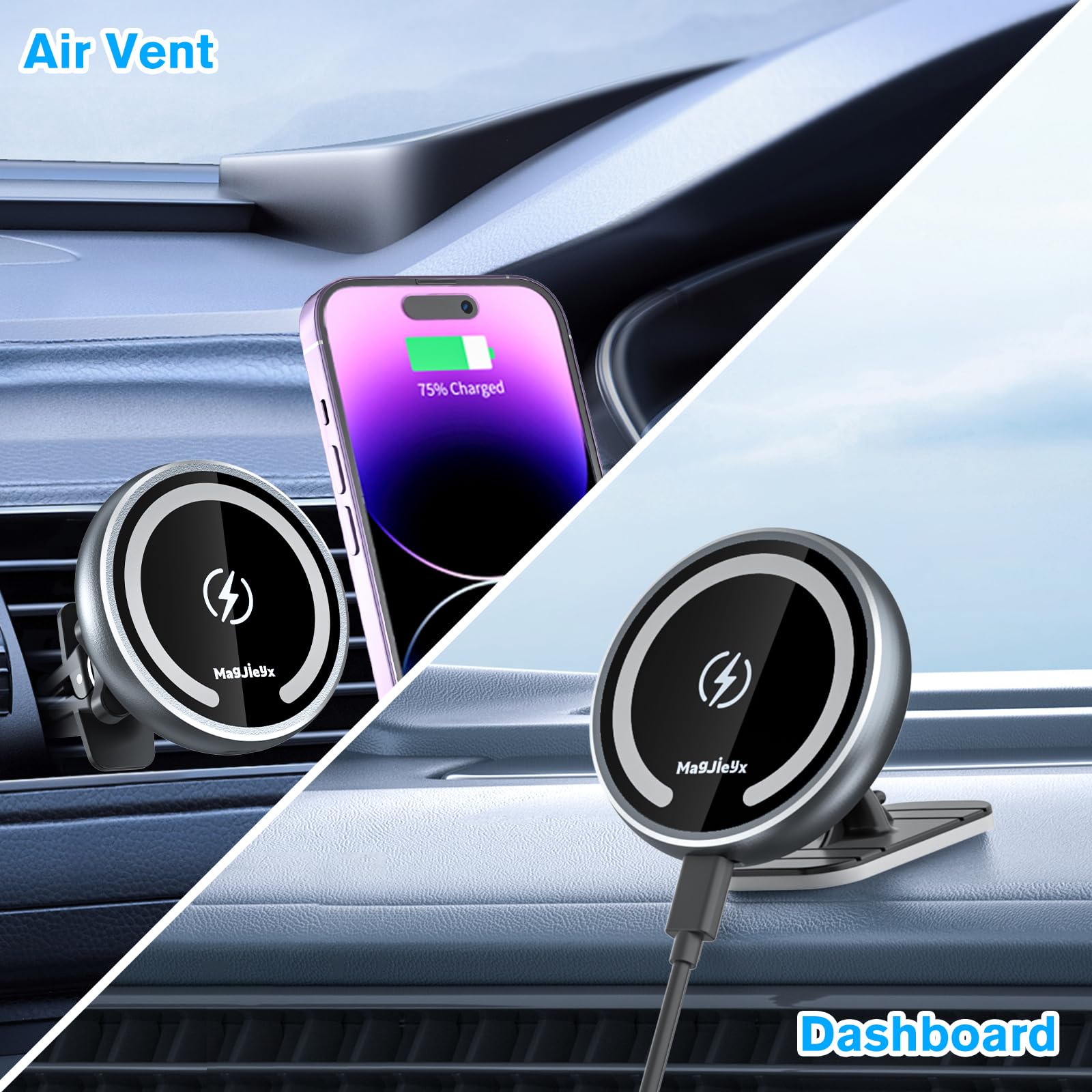 for Magsafe Car Mount Wireless Charger Magnetic Fast Charging Compatible with iPhone 16,15,14,13,12,Pro Max,Mini,Magsafe Case, Air Vent and Stick On Dashboard Car Phone Holder