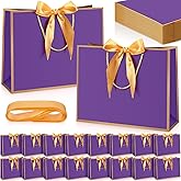Kolldenn 50 Pcs Metallic Gift Bags with Handle 12.6 x 10 x 4.3 Inch Medium Purple Gold Thank You Bag with Bow Ribbon for Christmas Wedding Birthday Bridal Shower Bridesmaid Graduation Party Favor