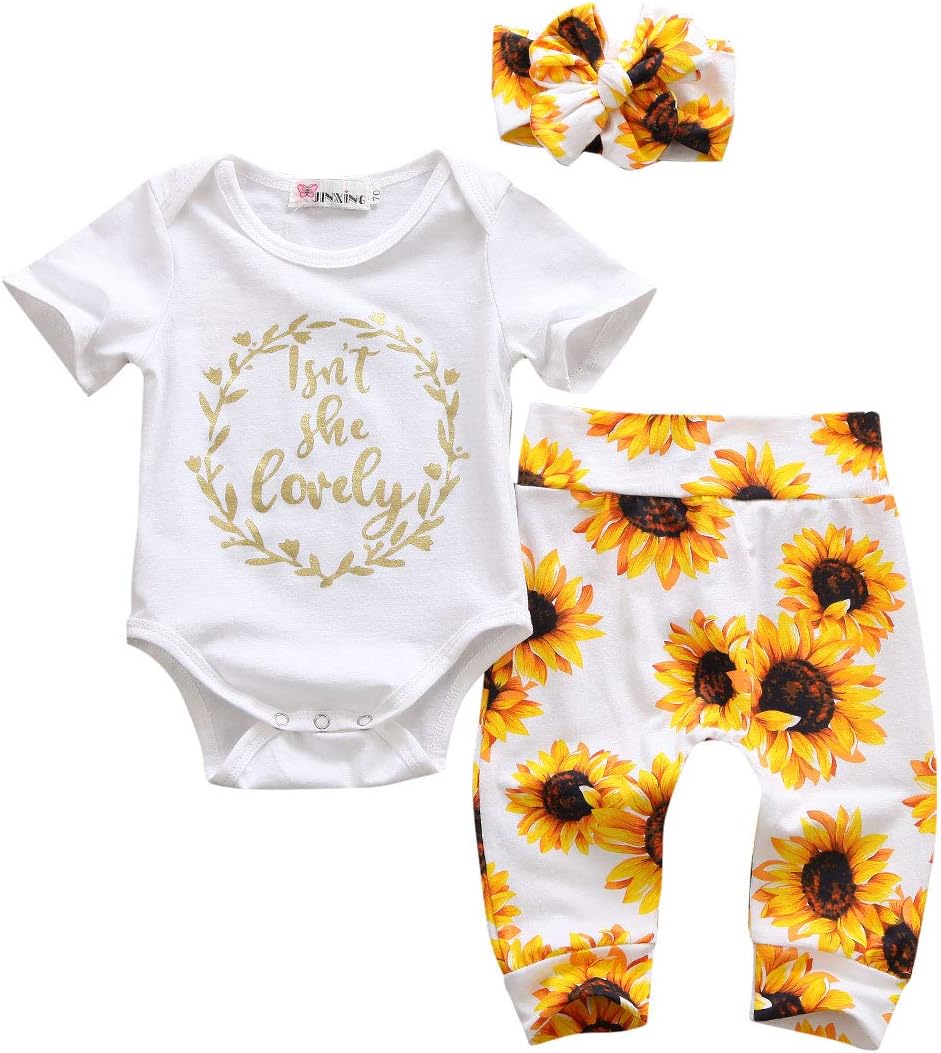 Isnt She Lovely Baby Girl 3PCS Clothes Short Sleeve Romper Bodysuit Tops Floral Pants Headband Clothes Set