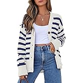 EVALESS Womens Striped Cardigan Sweaters Long Sleeve V Neck Lightweight Open Front Button Down Knit Cardigans