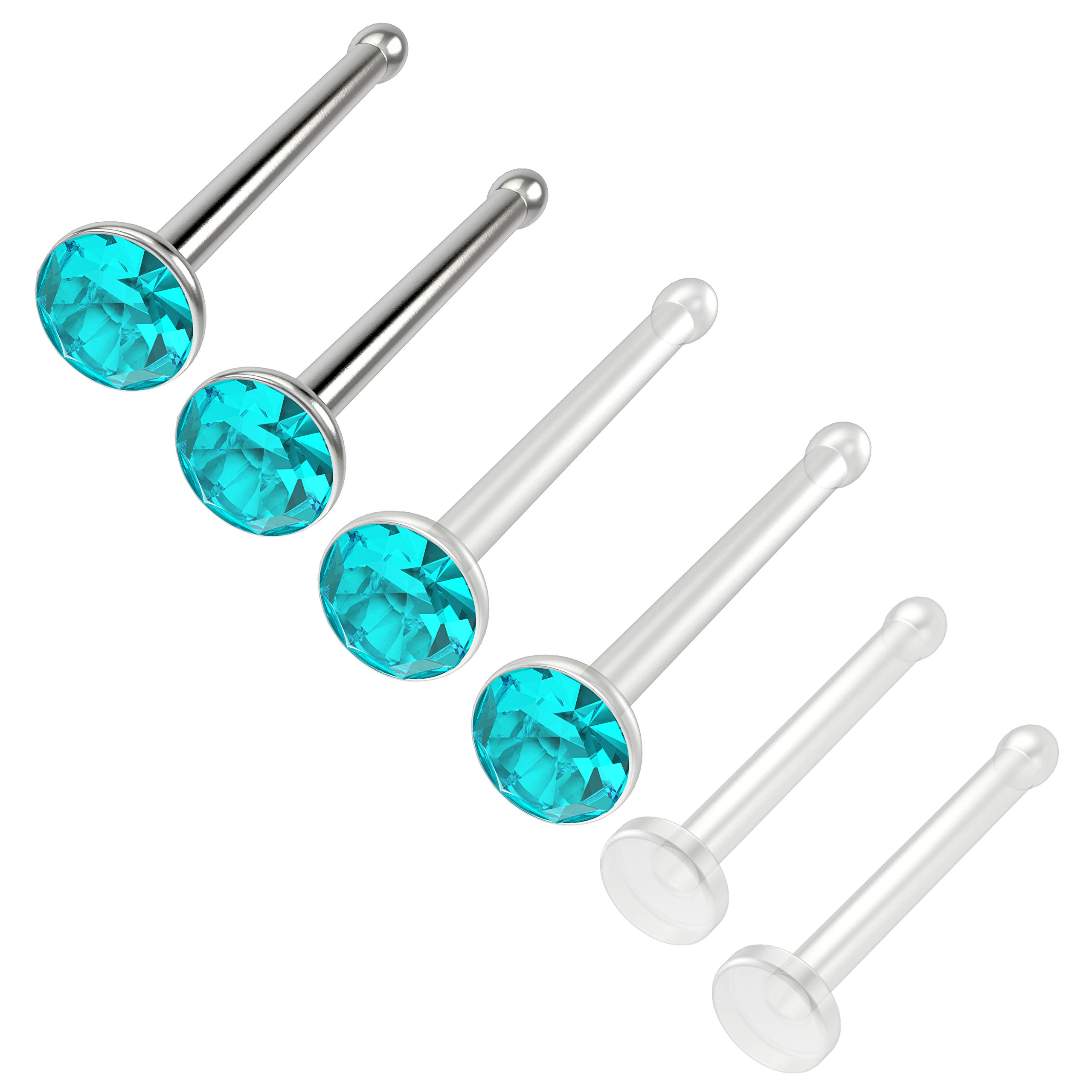 Bling Piercing 6pc 1mm 18g 1mm Nose Stud Bone Straight Bar Nostril Ring Surgical Steel 2.5mm Crystal and 0.8mm 20g Aqua Bioflex Stud 0.8mm Retainer Keeper