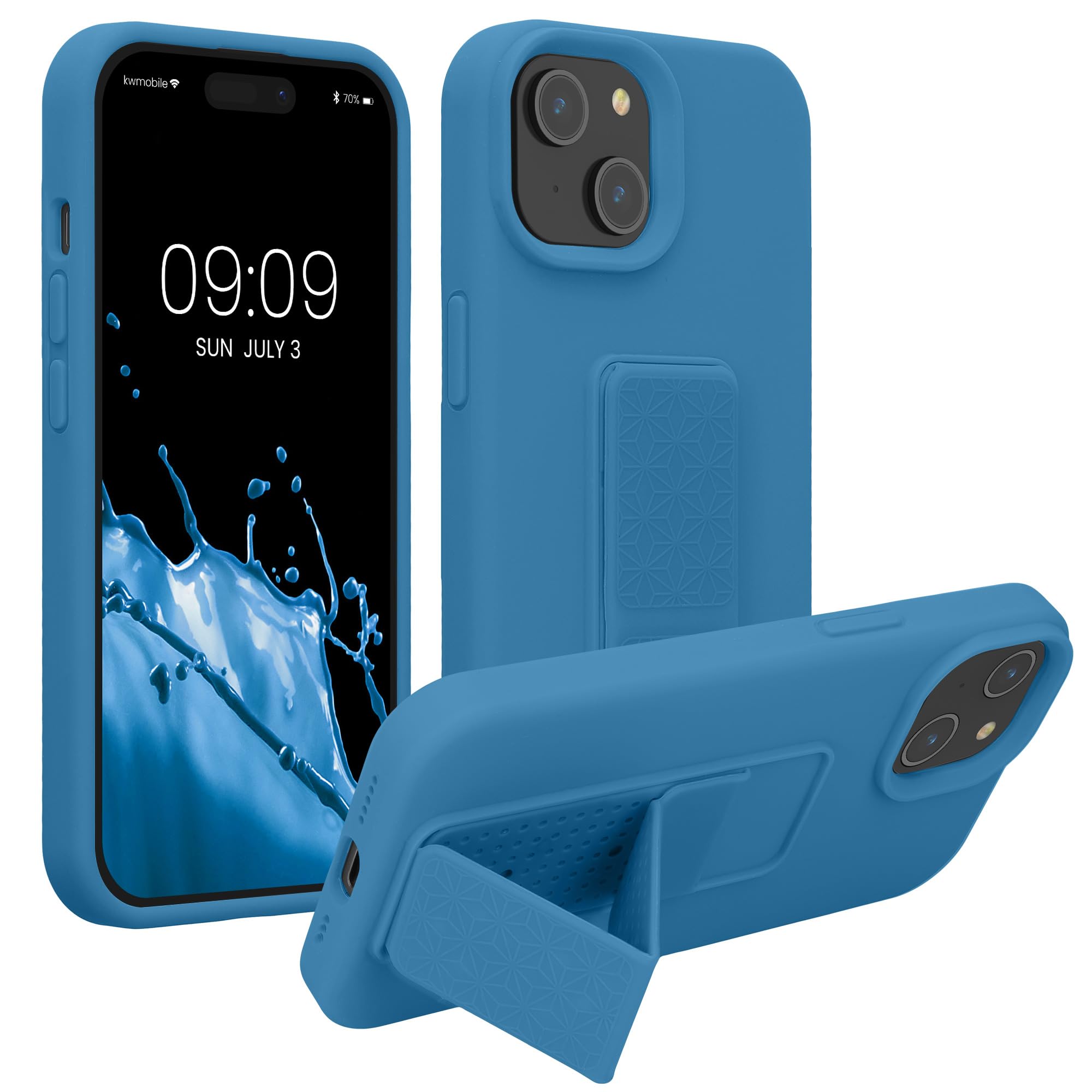 kwmobile Case Compatible with iPhone 15 - Case with Hand Strap and Stand Soft TPU Silicone Coating - Caribbean Blue