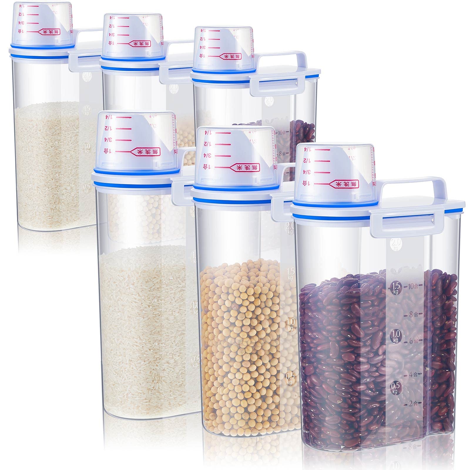 Photo 1 of 6 Pcs Rice Storage Containers Airtight Cereal Dispenser Clear Barrel Kitchen Storage Bin with Pour Plastic Dry Food Pet Dog Cat Food Holder with Seal Buckles Measuring Cup for Cooker Flour, 2.5 l