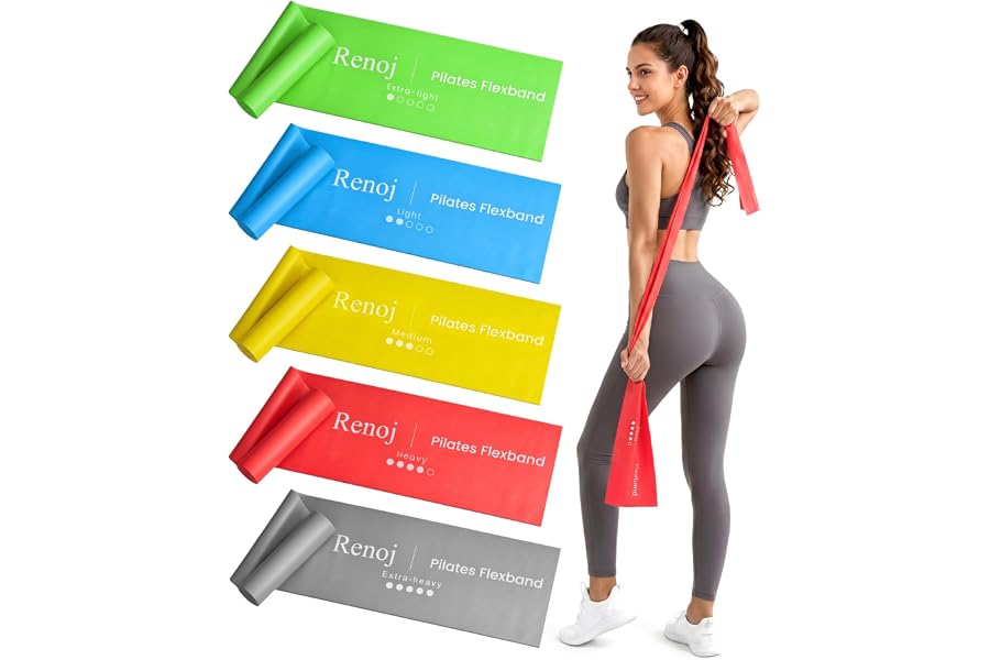 Renoj Pilates Flexbands, 5-Pack Latex-Free Resistance Bands Set – Exercise Bands for Pilates, Yoga, Stretching & Physical Therapy | Home Gym Equipment for Women & Men