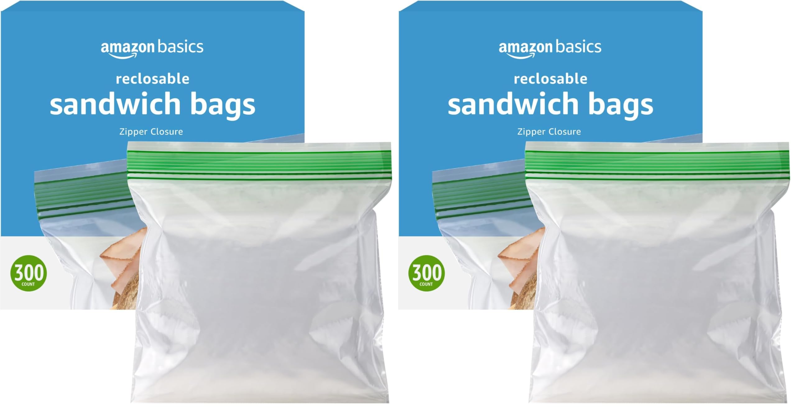 Amazon Basics Resealable Double Zipper Sandwich Storage Bags for Food Storage, (Previously Solimo), 300 Count (Pack of 2)