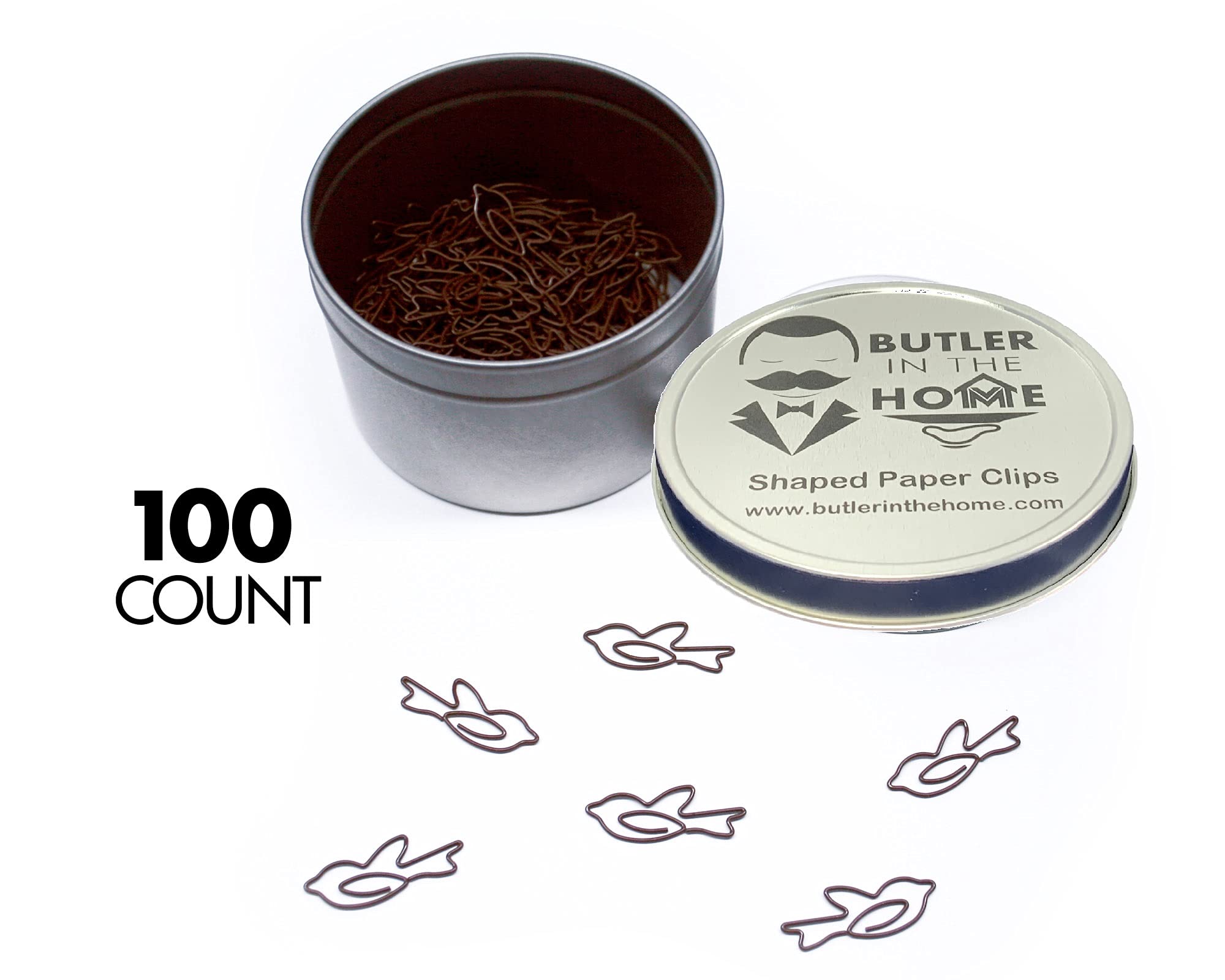 Photo 1 of Butler in the Home Bird Shaped Paper Clips Great for Paper Clip Collectors or Office Gift - Comes in Round Tin with Lid and Gift Box (Brown 100 Count)