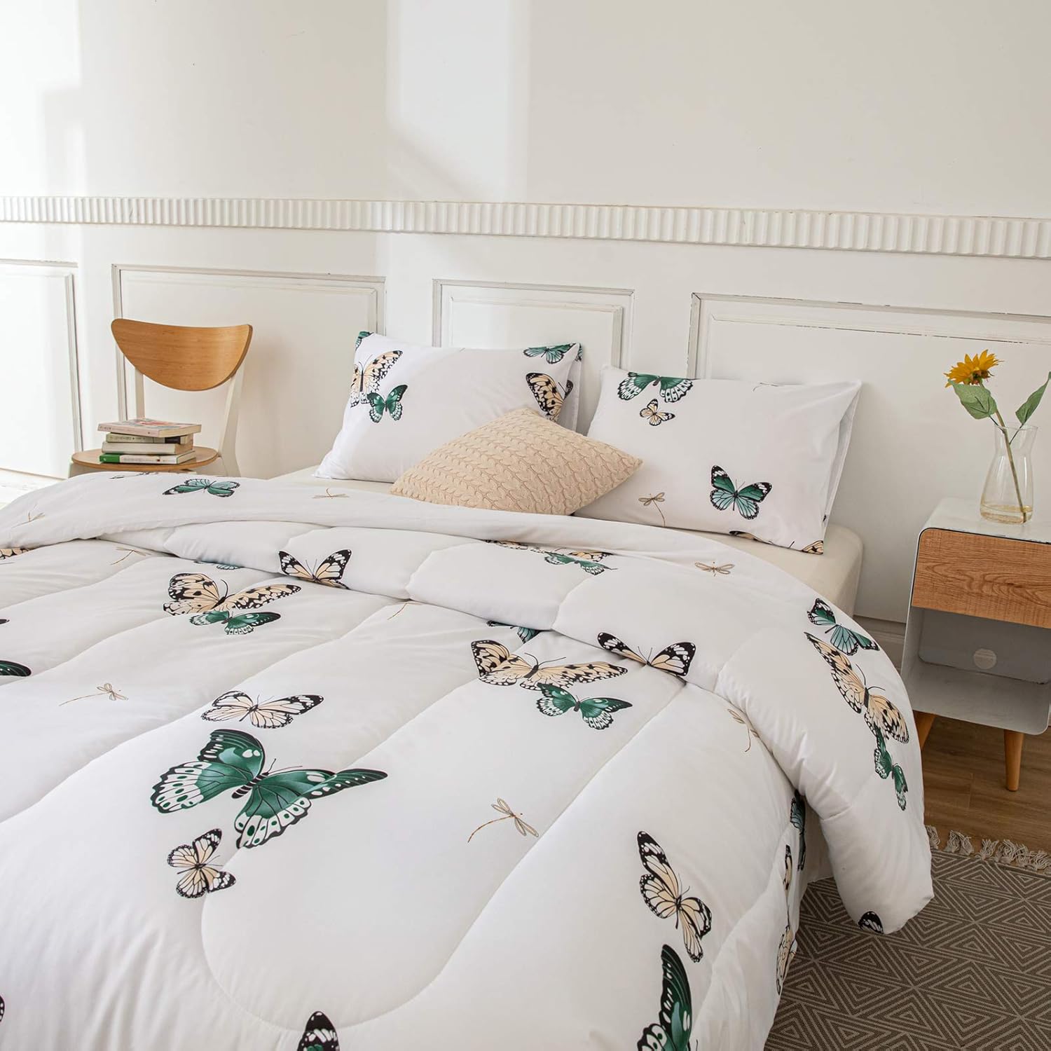 Merryword Butterfly Comforter Set Green Butterfly Comforter Green Butterflies and Dragonfly Printed Down Alternative Comforter Microfiber Bedding King 1 Comforter 2 Pillowcases (King, Butterfly): Home & Kitchen