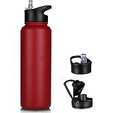VQRRCKI 40 oz Insulated Water Bottle with Straw, Stainless Steel Sports Water Bottles with 2 Lids (Straw and Wide Mouth lid), Double Wall Vacuum, Leakproof, BPA-Free, Red