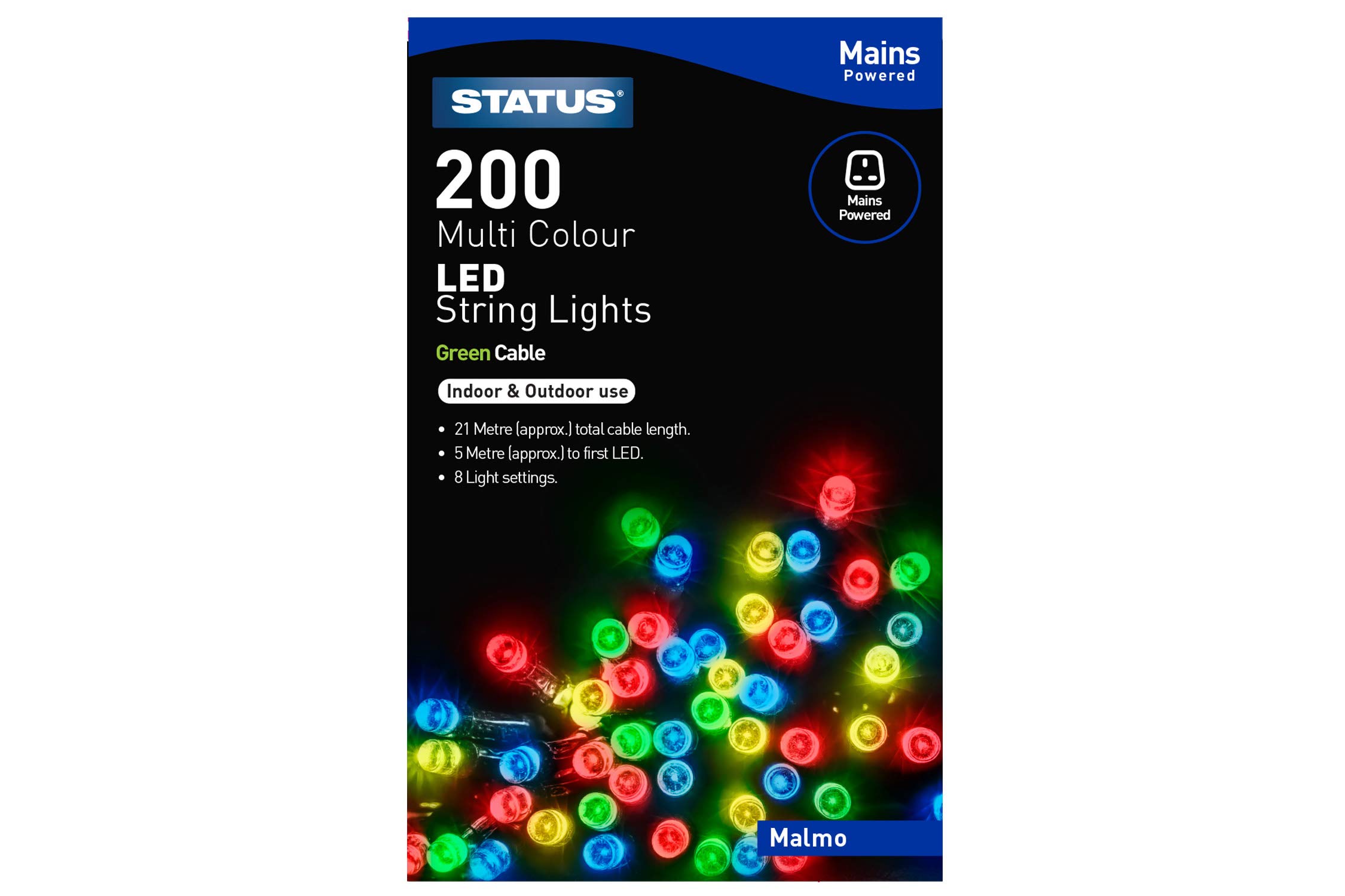 Status Malmo 200 LED Multi-Colour String Lights, 21m Cable with 5m Lead, Mains-Powered IP44 Indoor and Outdoor Party Chain, Green Wire (MALMO200MMC6)